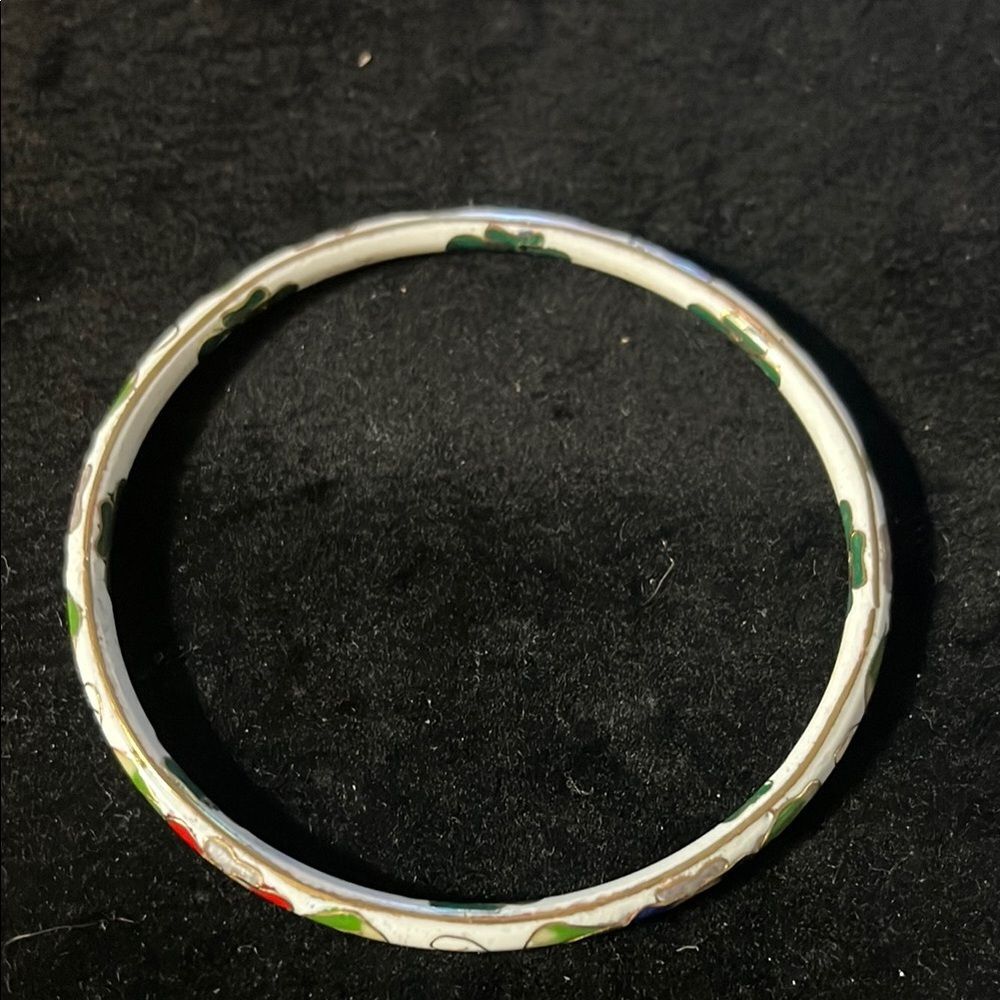 Vintage Cloisonne White Green Floral Flower Enamel Bangle Bracelet